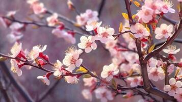 macro Cereza florecer árbol rama con primavera florecer flor en bokeh antecedentes. generativo ai foto