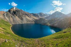 Panoramic spring view to round mountain lake on background of mountains. Gorgeous blue mountain lake in mountains with azure big pond while hiking. photo