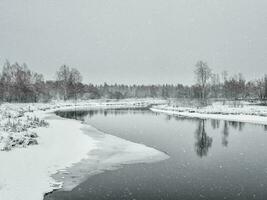 Winter landscape with small river in wood on background gray snowy sky. photo