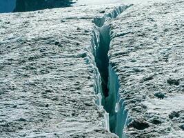 Crack on the glacier. Fault in a glacier, a dangerous crack in the ice on the snowy slope of a glacier. photo