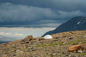 verano cámping en montaña. brillante alpino paisaje con solitario blanco tienda a muy alto altitud con ver a alto montaña en dramático nubes increíble montaña paisaje con turístico carpa. foto