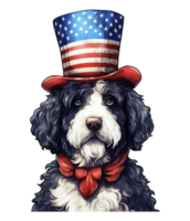 süß patriotisch Bernedoodle Hund tragen Onkel Sam Hut uns Unabhängigkeit Tag . ai generiert png