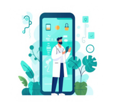 By wearing a stethoscope and using a smartphone, a doctor can check a patient's health through the phone screen during an online medical consultation . png