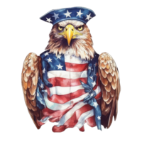 martial patriotic eagle wearing 4th July apparel, watercolor style . png
