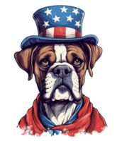 söt patriotisk boxare hund bär farbror sam hatt oss oberoende dag . ai genererad png