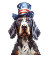 schattig patriottisch blauwtik coonhound hond vervelend oom Sam hoed ons onafhankelijkheid dag . ai gegenereerd png