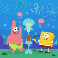 Sponge and Starfish Have Conversation with Annoyed Octopus vector