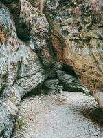 interesante rocas formando un estrecho paso en el saltinskij garganta. un único naturaleza reserva en daguestán garganta en montañas paisaje naturaleza en Rusia. foto