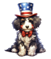 söt patriotisk schnoodle hund bär farbror sam hatt oss oberoende dag . ai genererad png