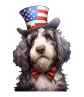 Cute Patriotic Bernedoodle dog Wearing Uncle Sam Hat US Independence Day . png