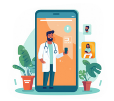 par portant une stéthoscope et en utilisant une téléphone intelligent, une médecin pouvez vérifier une les patients santé par le téléphone écran pendant un en ligne médical consultation . ai généré png