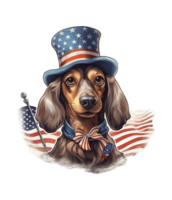 linda patriótico perro tejonero perro vistiendo tío sam sombrero nosotros independencia día . ai generado png