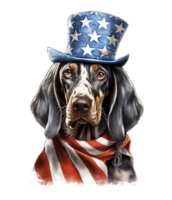 linda patriótico marca azul Coonhound perro vistiendo tío sam sombrero nosotros independencia día . ai generado png