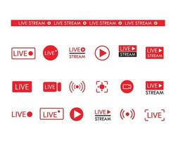 Set of live streaming icons. Set of video broadcasting and live streaming icon. Button, red symbols for TV, news, movies, shows vector