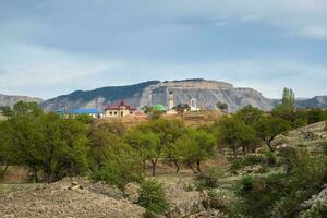 mezquita en primavera en un auténtico montaña aldea. mezquita en el centrar de ciudad. paisaje y campo de paisaje urbano en salta daguestán foto