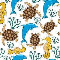 Sea animals seamless pattern. Cute aquatic turtle, seahorse and dolphin. vector