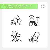 Ecological farming linear icons set. Environmentally friendly. Organic agriculture. Growing healthy food. Customizable thin line symbols. Isolated vector outline illustrations. Editable stroke