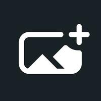 Add image white pixel perfect solid ui icon. Insert photo into footage. Editing tool. Silhouette symbol for dark mode. Glyph pictogram on black space for web, mobile. Vector isolated image