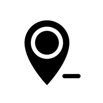 eliminar alfiler desde mapa negro glifo ui icono. desprender ubicación. Eliminar GPS destino. usuario interfaz diseño. silueta símbolo en blanco espacio. sólido pictograma para web, móvil. aislado vector ilustración