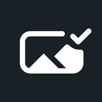 Applied photo file white pixel perfect solid ui icon. Editing application. Approved image. Silhouette symbol for dark mode. Glyph pictogram on black space for web, mobile. Vector isolated image