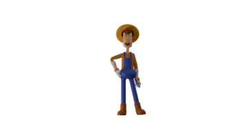 3D Illustration. Handsome Farmer 3D Cartoon Character. Farmer use a wide hat. Farmer put one hand on his waist and smiled sweetly. 3D cartoon character png