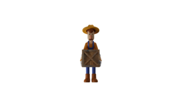 3D illustration. Tired Farmer 3D cartoon character. Farmer is carrying a box to be taken to the fields. The farmer looked objected and showed a tired expression. 3D cartoon character png