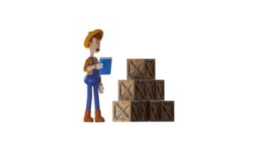 3d Illustration. Clever Farmer 3d Karikatur Charakter. das Farmer ist Überprüfung das hölzern Box im seine Lagerhaus. das Farmer überprüft gemäß zu das Notizbuch er war Tragen. 3d Karikatur Charakter png