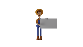 3d ilustração. bonito agricultor 3d desenho animado personagem. agricultor ficou acima e trouxe uma branco papel. agricultor aguçado às a branco papel ele estava carregando. agricultor quer para dizer algo. 3d desenho animado personagem png