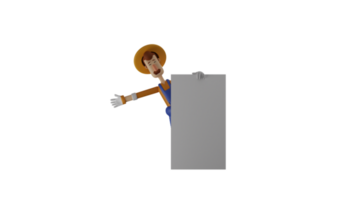 3d Illustration. bezaubernd Farmer 3d Karikatur Charakter. Farmer Stand hinter ein breit Weiß Tafel. das Farmer gedehnt aus einer Hand und zeigte ein glücklich lächeln. 3d Karikatur Charakter png