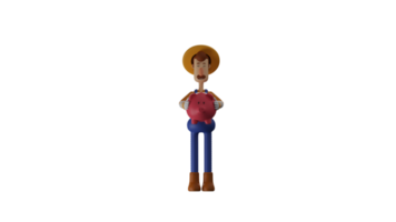 3D illustration. Great Farmer 3D cartoon character. Farmer stand straight facing forward. Diligent farmer brought a pink piggy bank. Farmer will save his money in the piggy bank. 3D cartoon character png