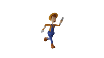 3D illustration. Diligent Farmer 3D cartoon character. Farmer in running pose. Farmer is running towards his field. Farmer waved his hand trying to stop his friend. 3D cartoon character png