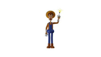 3D illustration. Amazing Farmer 3D cartoon character. The smart farmer came up with an idea. The farmer pointed up where there was a light bulb on. 3D cartoon character png