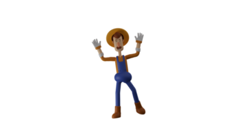 3D illustration. Cute Farmer 3D cartoon character. The farmer stood up and raised his hands up. Peasant in funny pose. Farmer smiles and looks happy. 3D cartoon character png