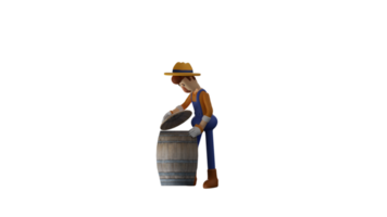 3D illustration. Village Farmer 3D cartoon character. The farmer is checking his harvest in the barn. Farmer pay close attention to the remaining crops. 3D cartoon character png