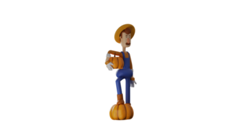 3d illustration. cool agriculteur 3d dessin animé personnage. agriculteur supporter sur un pied sur une citrouille. agriculteur porter une gros citrouille avec un main. agriculteur sourit à le sien cultures. 3d dessin animé personnage png