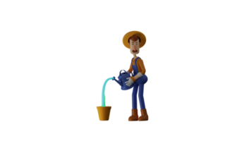 3D illustration. Farmer 3D cartoon character. Farmer is watering the plants in the pot. Farmer water the plants using a blue water spray. Farmer with painstaking care of his crop. 3D cartoon character png