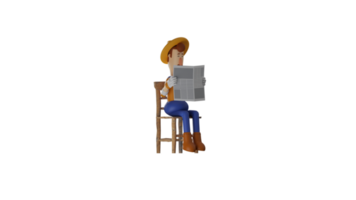 3d Illustration. entspannt Farmer 3d Karikatur Charakter. Farmer sitzen auf ein hölzern Stuhl während lesen das Zeitung. Farmer verbringen seine sich ausruhen Zeit entspannt. 3d Karikatur Charakter png