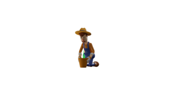 3D illustration. Affectionate Farmer 3D cartoon character. Farmer in kneeling pose. Farmer pay attention to the plants that grow in pots and look fresh. 3D cartoon character png