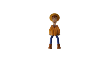 3D illustration. Cool Farmer 3D cartoon character. The farmer raised a big pumpkin using both hands. The farmer showed an expression of objection while carrying a giant pumpkin. 3D cartoon character png