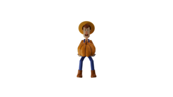 3D illustration. Cool Farmer 3D cartoon character. The farmer raised a big pumpkin using both hands. The farmer showed an expression of objection while carrying a giant pumpkin. 3D cartoon character png