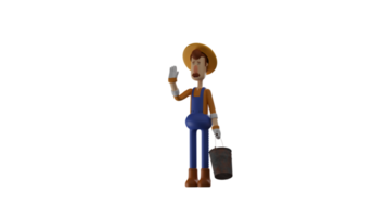 3d Illustration. freundlich Farmer 3d Karikatur Charakter. das Farmer fleißig nimmt Pflege von seine Garten. Farmer winkte während Tragen Eimer von Wasser zu Wasser seine Pflanzen. 3d Karikatur Charakter png