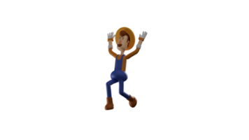 3D illustration. Surrendered Farmer 3D cartoon character. Farmer raised both hands as a sign he gave up. The farmer showed his frightened expression. 3D cartoon character png