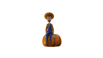 3d illustration. sucré agriculteur 3d dessin animé personnage. agriculteur asseoir sur une géant ballon. agriculteur Sam vers le bas et montré une sucré sourire. agriculteur juste silencieux et voir le situation autour lui. 3d dessin animé personnage png