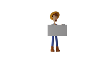 3d illustration. intelligent agriculteur 3d dessin animé personnage. agriculteur vouloir à Explique quelque chose en utilisant le blanc papier il apporté. le agriculteur montré le sien sucré sourire. 3d dessin animé personnage png