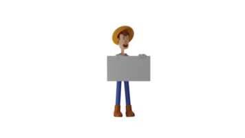 3d Illustration. Clever Farmer 3d Karikatur Charakter. Farmer wollen zu erklären etwas mit das Weiß Papier er gebracht. das Farmer zeigte seine Süss lächeln. 3d Karikatur Charakter png