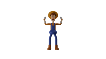 3D illustration. Healthy Farmer 3D cartoon character. The farmer showed his two small hand muscles. Cute farmer smiling happily. 3D cartoon character png