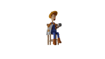 3D Illustration. Old Farmer 3D cartoon character. Farmer sit in a wooden chair. Farmer hold a glass of hot drinks and newspapers. Farmer have finished reading the news. 3D cartoon character png