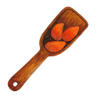 Wooden spatula with cocoa beans. Hand drawn watercolor illustration isolated on transparent background. Kitchen spoon with tropical tree seeds. Clipart for posters, packaging, print, web png