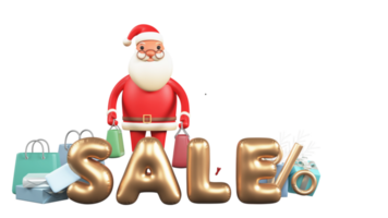 3D Golden Foil Sale Text With Cartoon Santa Claus Holding Shopping Bags, Gift Boxes, Percentage Symbol And Snowflake png