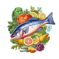 Sticker Style Whole Fish with Vegetables on Png Background.